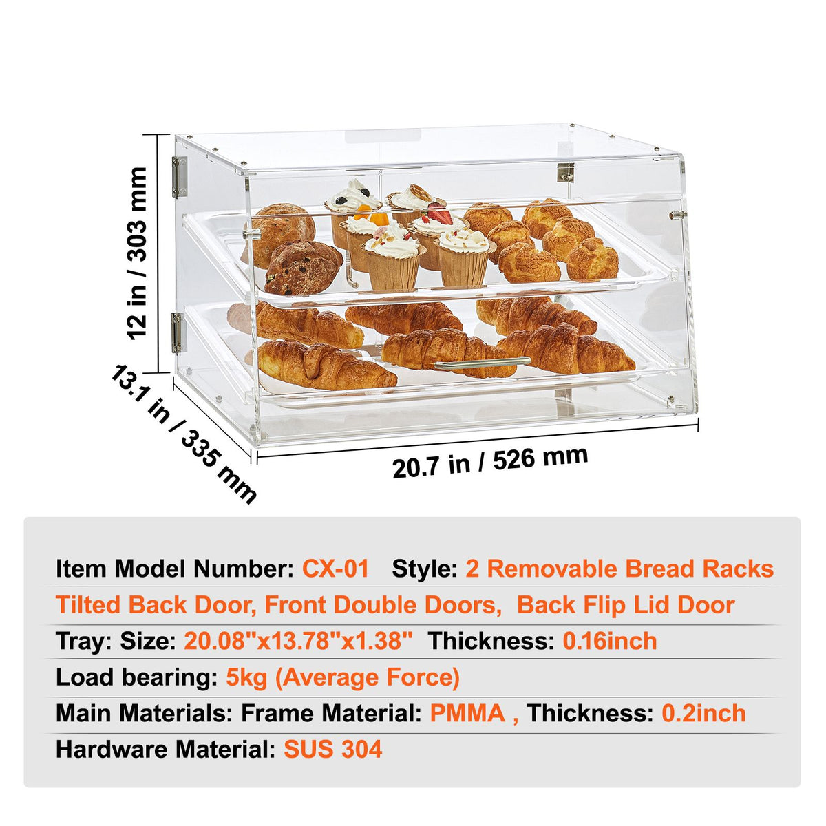 Pastry Display Case, 2-Tier Commercial Countertop Bakery Display Case, Acrylic Display Box with Rear Door Access & Removable Shelves, Keep Fresh for Donut Bagels Cake Cookie