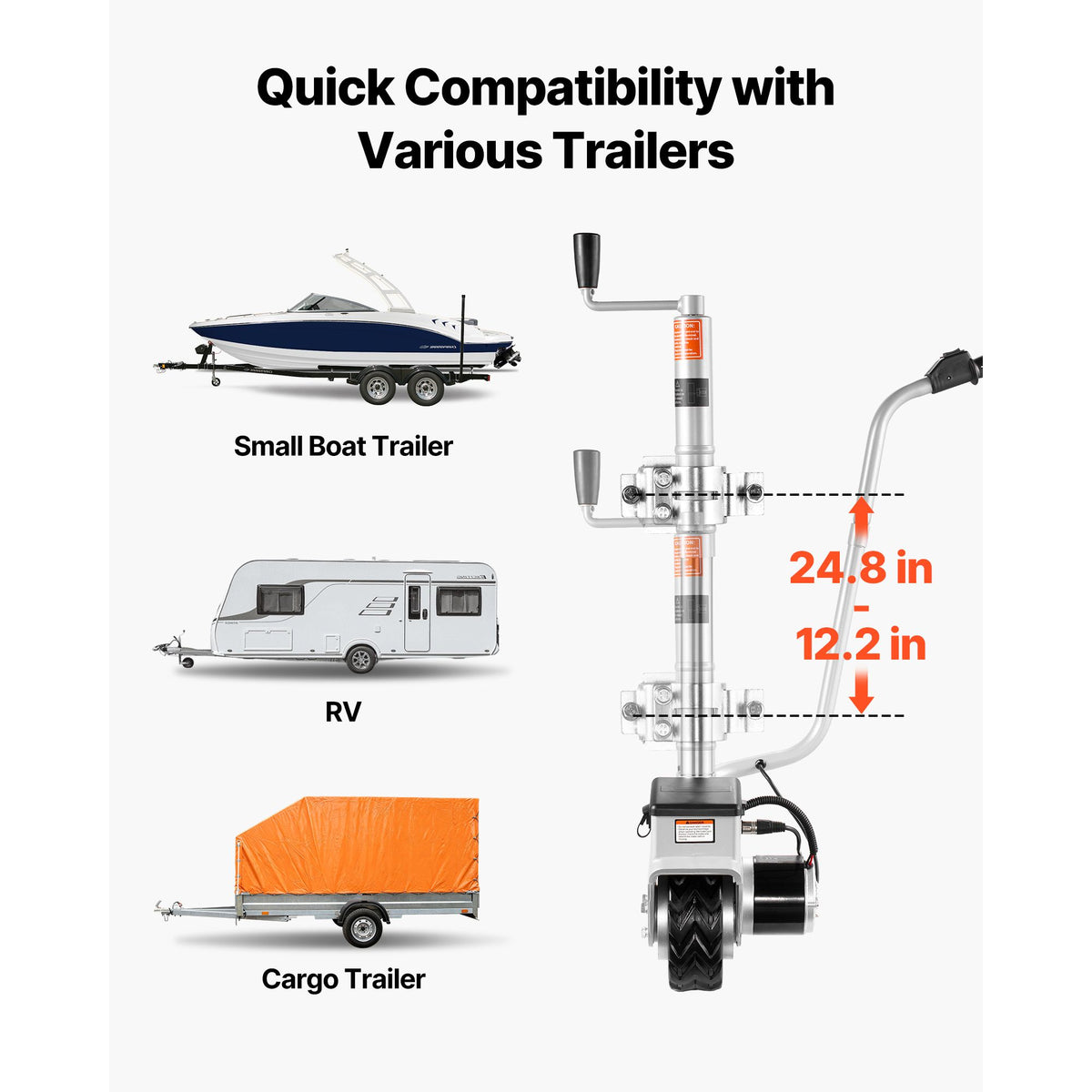 Electric Trailer Dolly, 2.5 T Towing Capacity, 380W 12V Motorized Jockey Wheel with 7 m/min Moving Speed, 31-63 cm Adjustable Clamp Height & 20.3 cm Rubber Tire, For Moving Caravan Boat