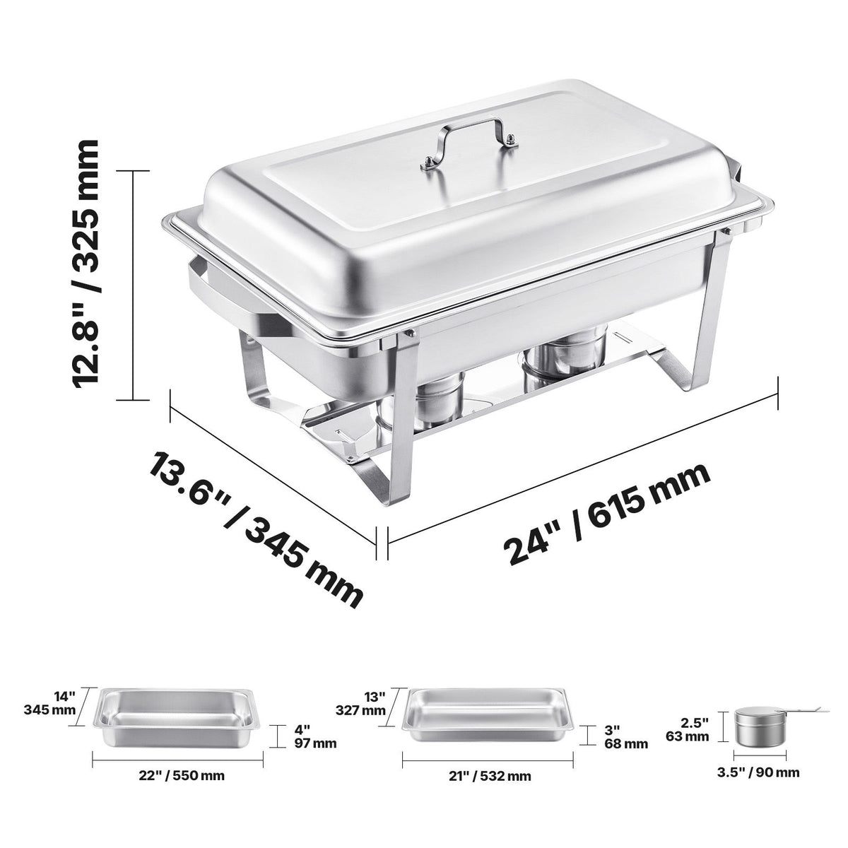 8 Qt 2 Pack Rectangle Chafing Dish Buffet Set Fullsize Pan Stainless Steel