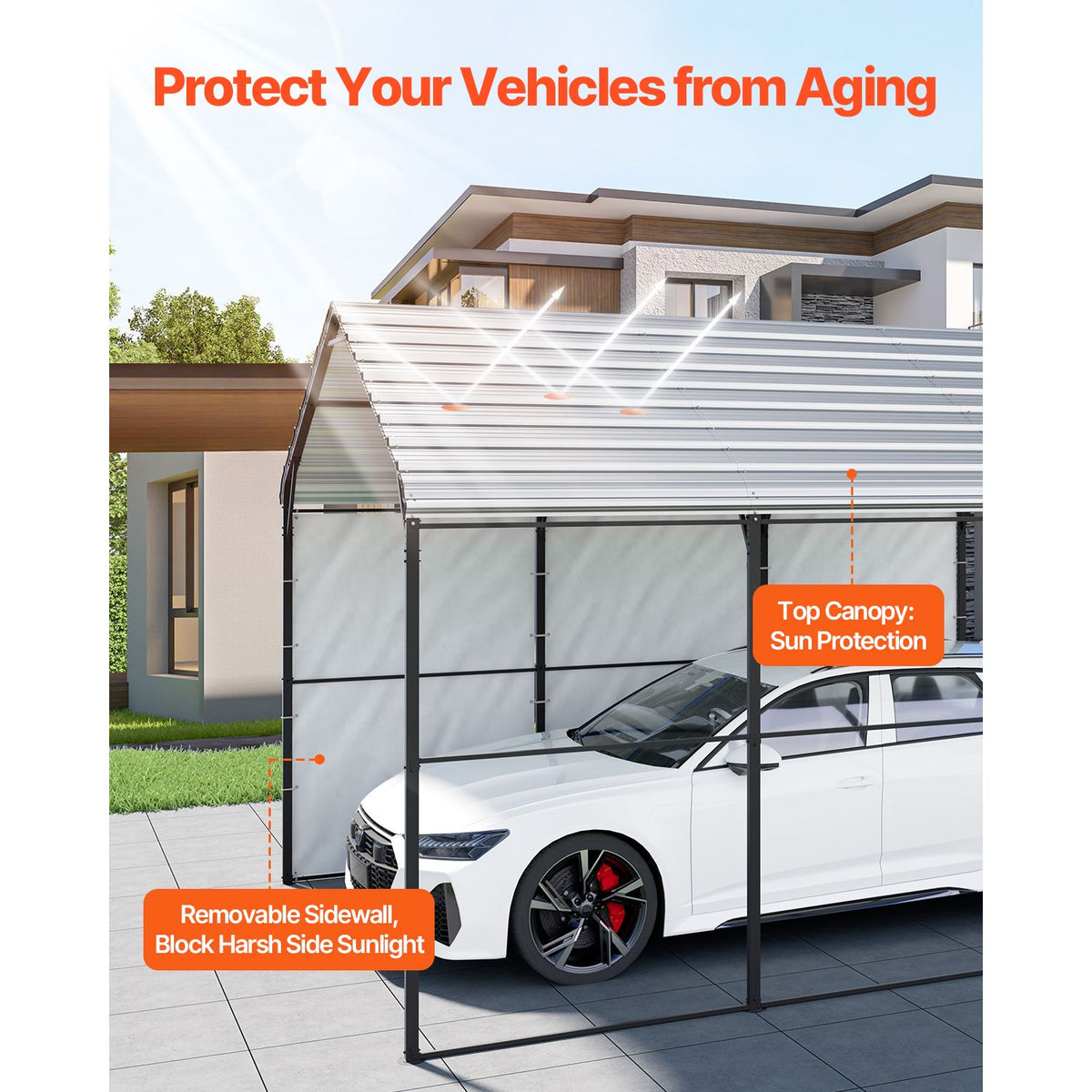 Heavy Duty Metal Carport, 10' x 15' Outdoor Carport with Galvanized Steel Frame & Roof, Car Tent Garage Shade with Removable Sidewalls, Multi-Use Car Shelter for Pickup, Boat, Car & Tractors