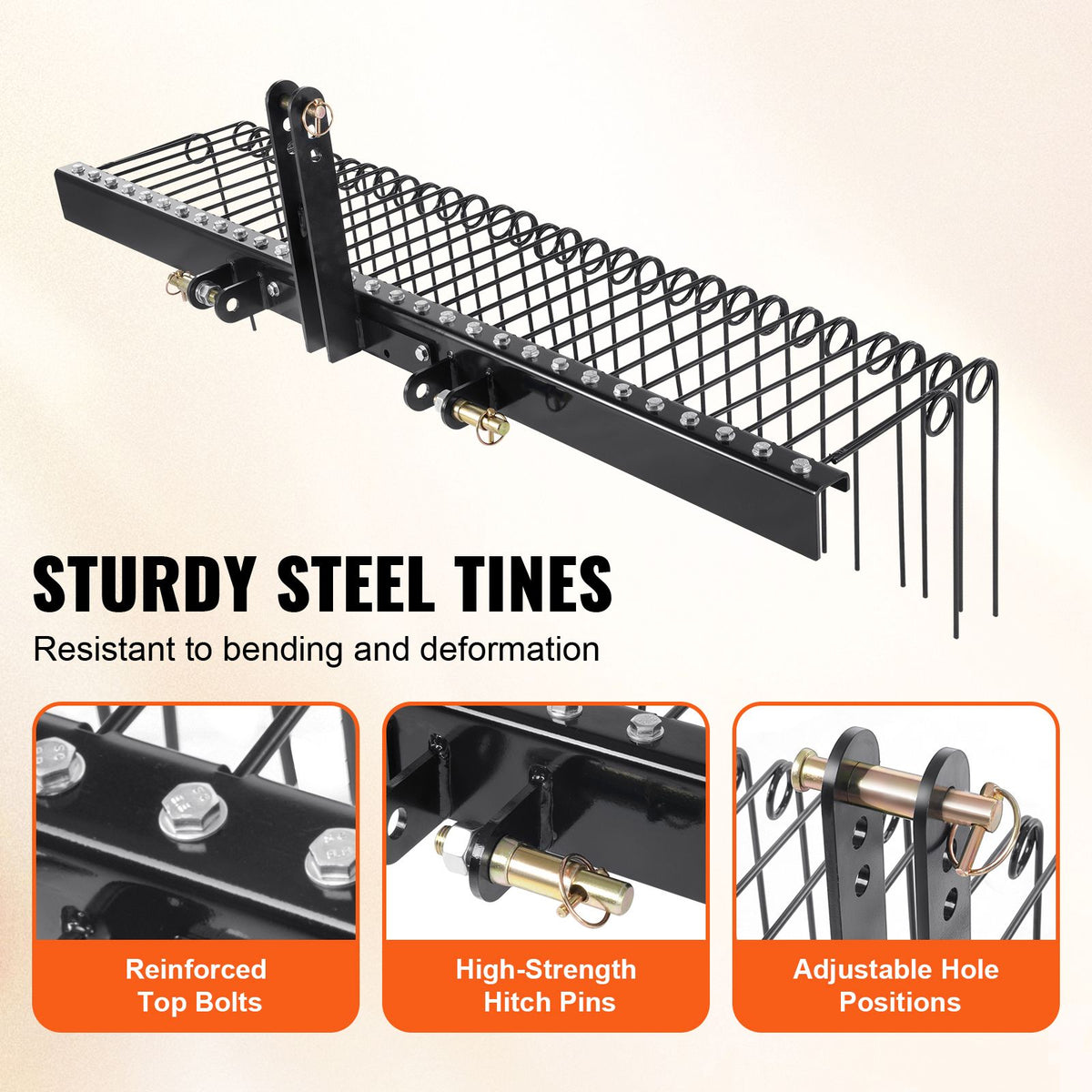 Tow Behind Landscape Rake, 1.8m Tow Dethatcher with 32 Steel Tines, Lawn Dethatcher Rake Attaches to Category 1, 3 Point Hitch for Tractor, for Leaves, Pine Needles, Straw, and Grass