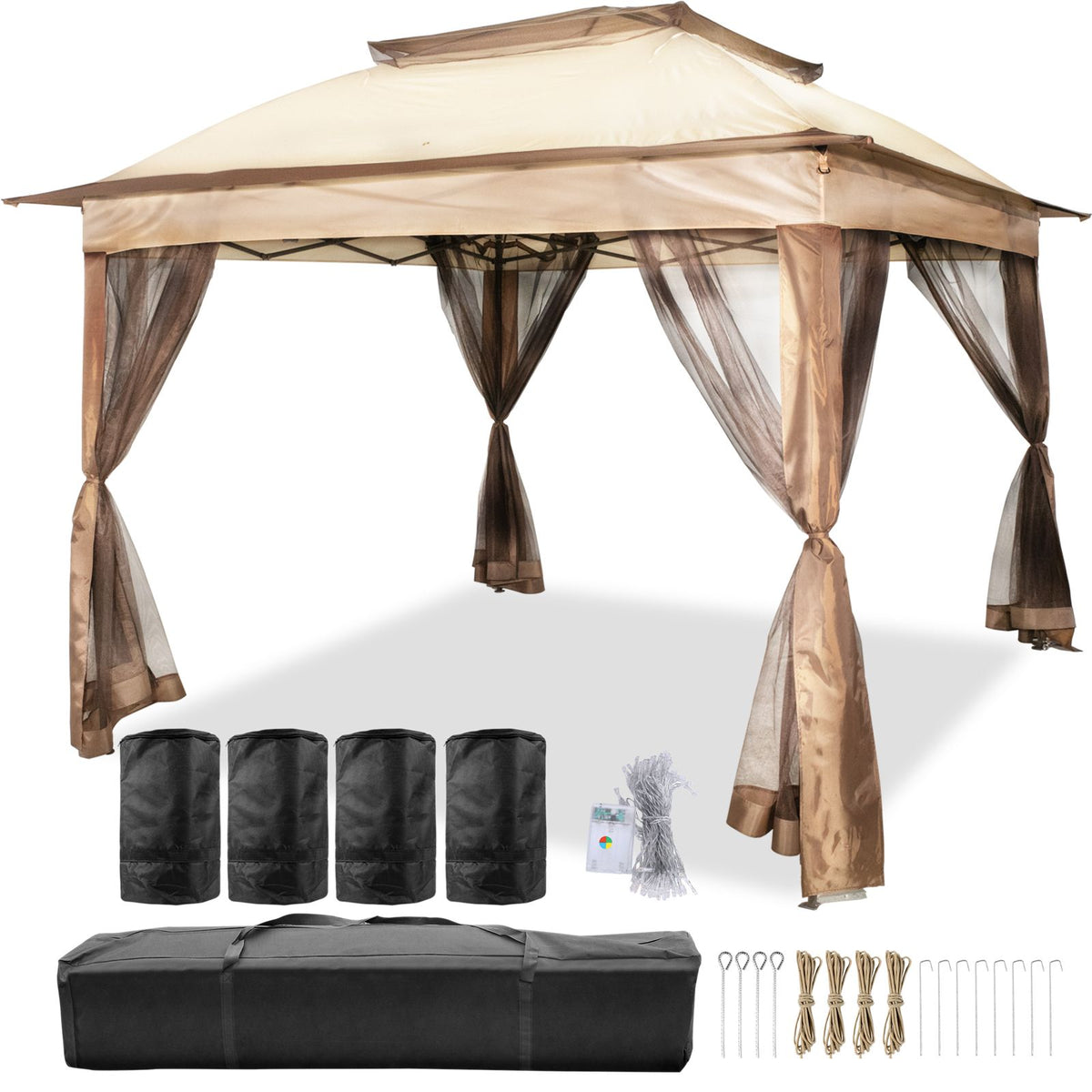 Outdoor Canopy Gazebo Tent, Portable Canopy Shelter with 11\'x11\' Large Shade Space for Party, Backyard, Patio Lawn and Garden, 4 Sandbags, Carrying Bag and Netting Included, Brown