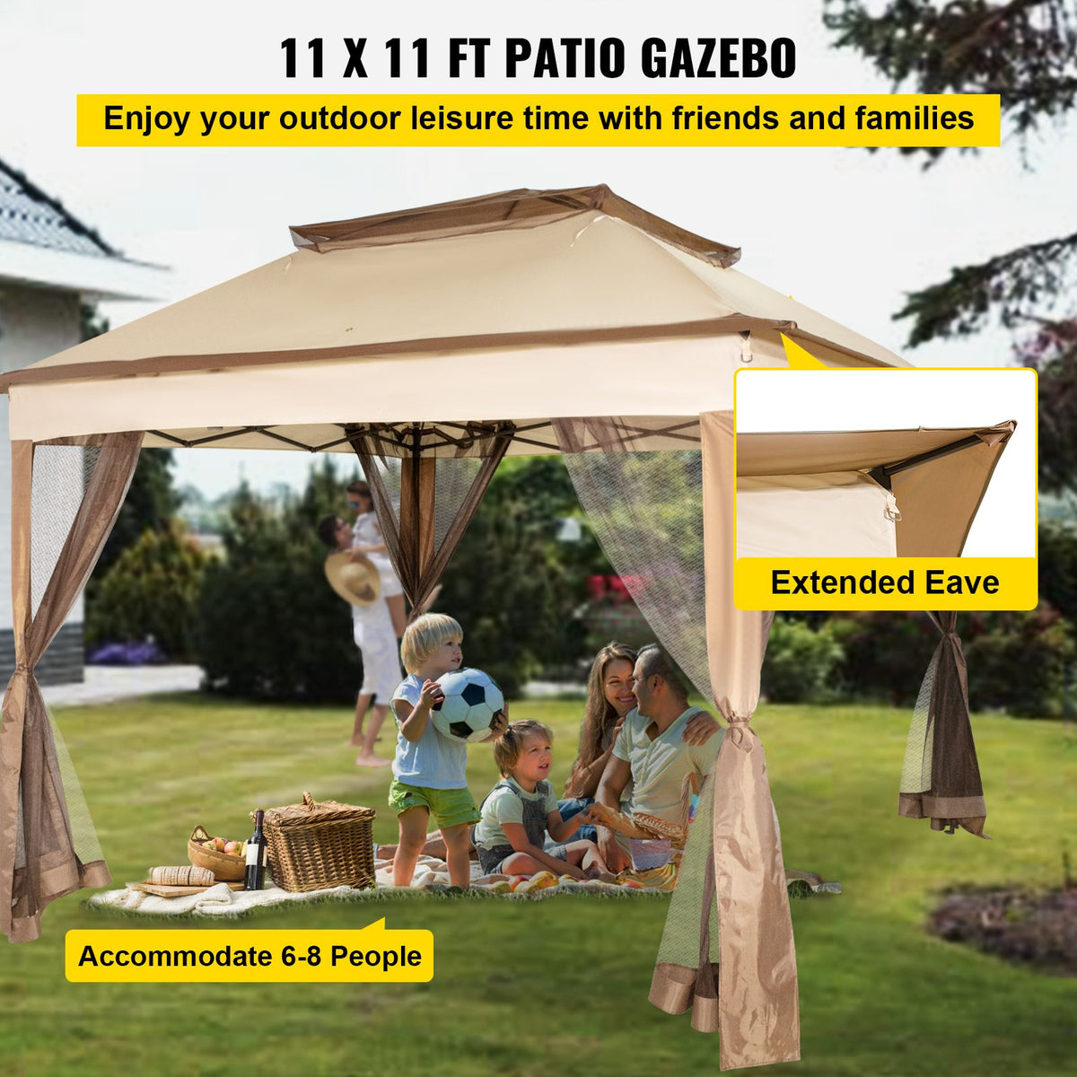 Outdoor Canopy Gazebo Tent, Portable Canopy Shelter with 11\'x11\' Large Shade Space for Party, Backyard, Patio Lawn and Garden, 4 Sandbags, Carrying Bag and Netting Included, Brown
