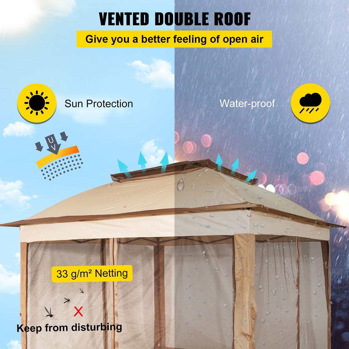 Outdoor Canopy Gazebo Tent, Portable Canopy Shelter with 11\'x11\' Large Shade Space for Party, Backyard, Patio Lawn and Garden, 4 Sandbags, Carrying Bag and Netting Included, Brown