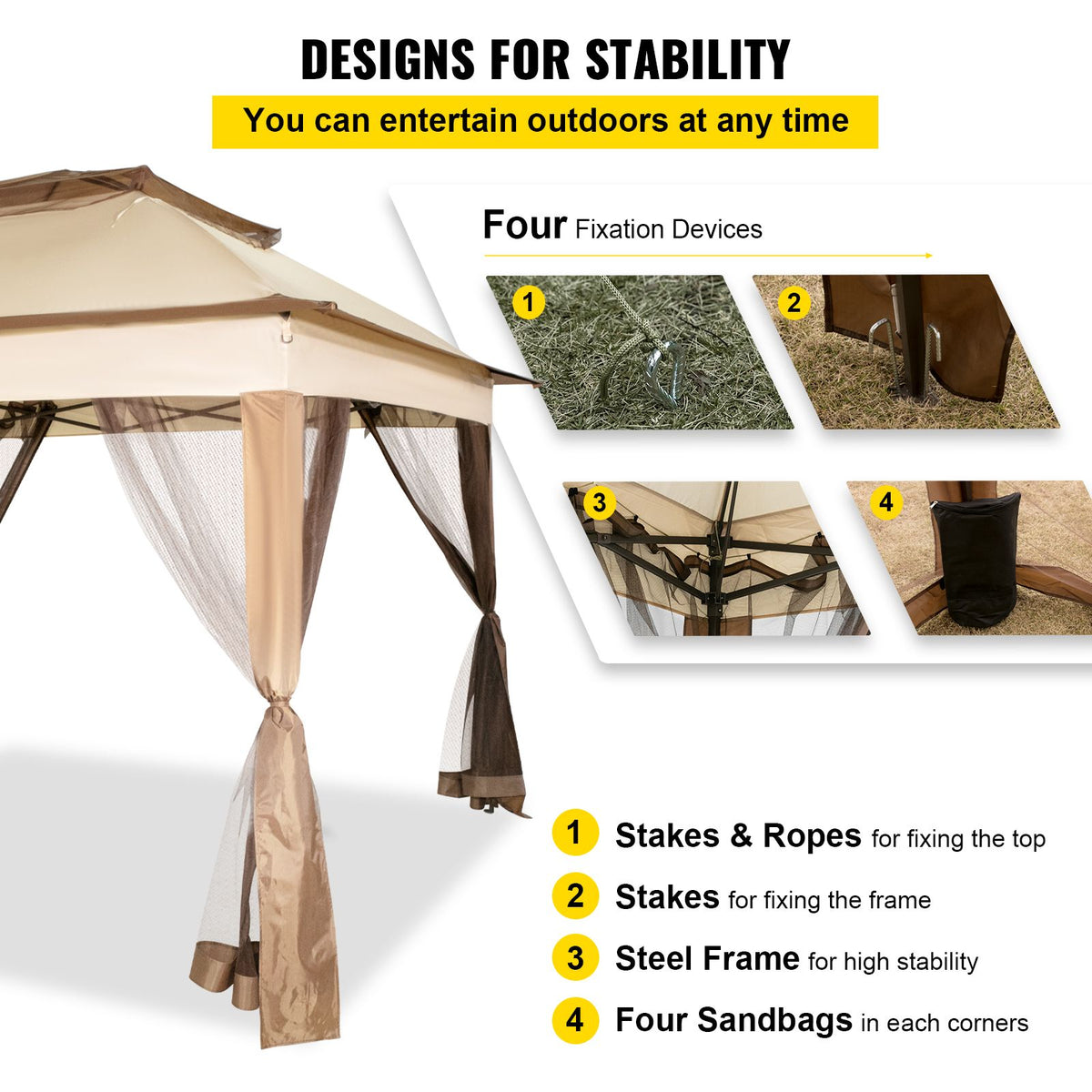 Outdoor Canopy Gazebo Tent, Portable Canopy Shelter with 11\'x11\' Large Shade Space for Party, Backyard, Patio Lawn and Garden, 4 Sandbags, Carrying Bag and Netting Included, Brown