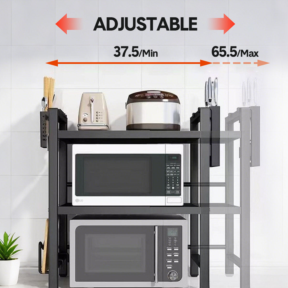 3-Tier Microwave Stand Oven Rack Height Adjustable and Extendable Stainless Steel Kitchen Storage Shelf With 6 Hook Over the Kitchen Counter Max Load 75Kgs