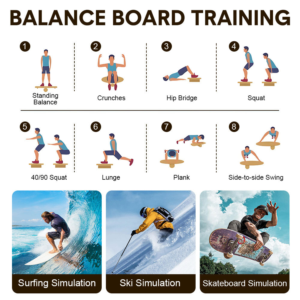 Wooden Balance Board Non-Slip Roller Board Home Fitness Balance Trainer Improves Core Stability for Snowboard Skateboard Surf Yoga Training Max Load 200kg