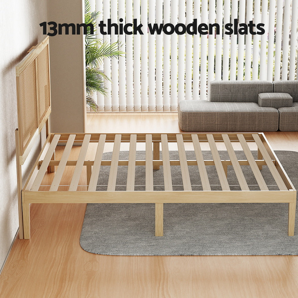 Artiss Bed Frame Double Size with Rattan Headboard Wooden Bed Base BRUNO