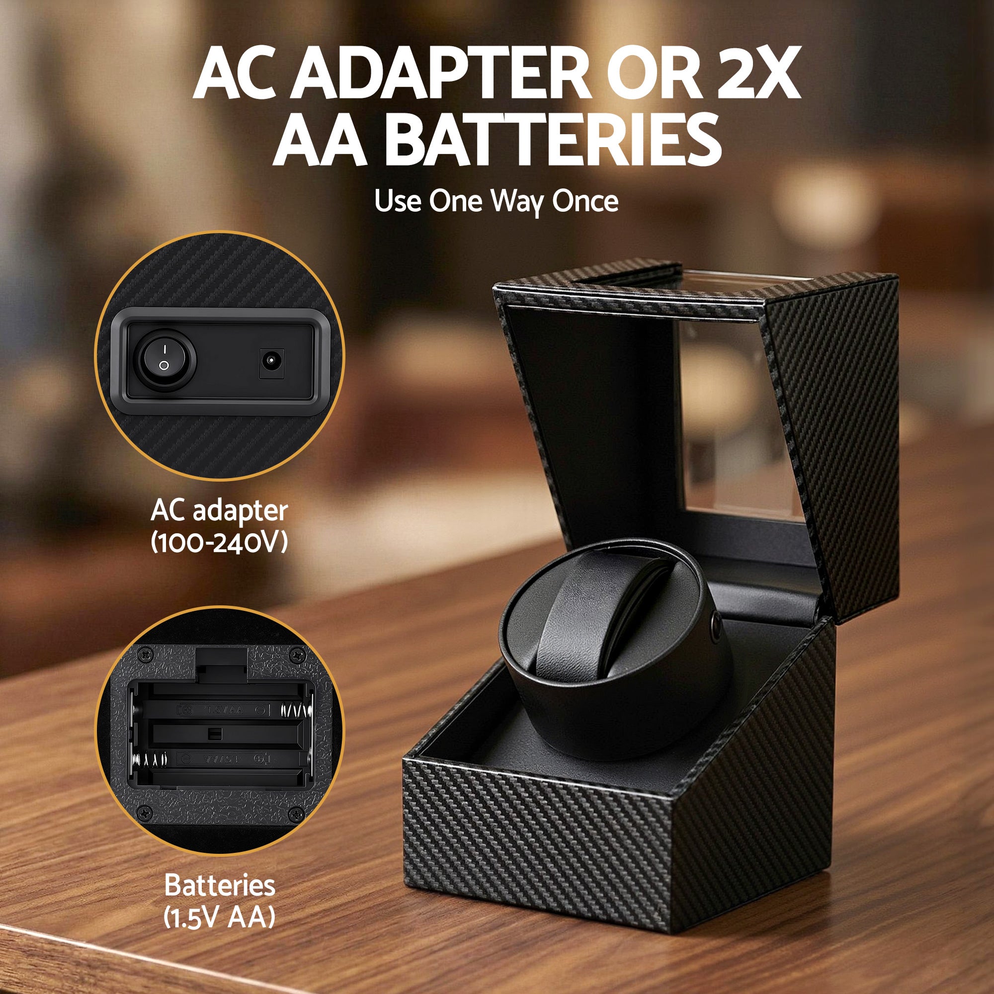 Embellir Watch Winder Box Automatic Single Quiet Carbon Fibre Black