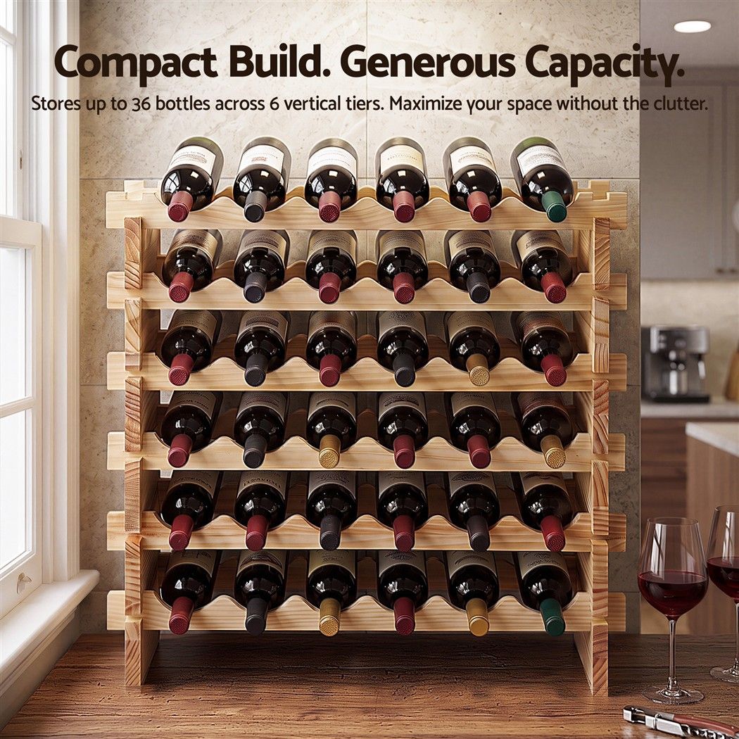 Artiss 36 Bottle Wooden Wine Rack 6 Tier Modular Wine Display Storage Stand Freestanding Holder Natural Pine Wood, 70 x 30 x 70cm