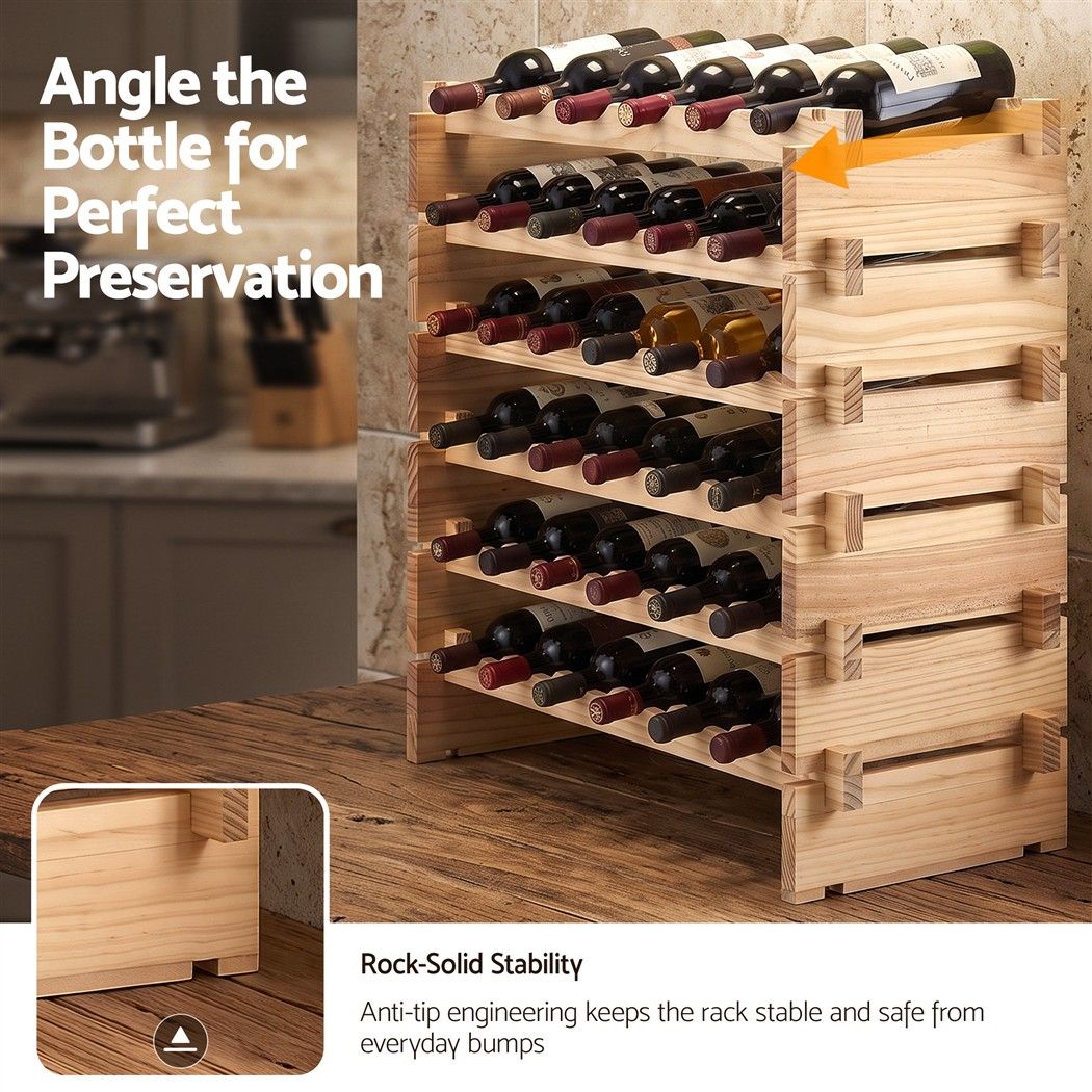 Artiss 36 Bottle Wooden Wine Rack 6 Tier Modular Wine Display Storage Stand Freestanding Holder Natural Pine Wood, 70 x 30 x 70cm
