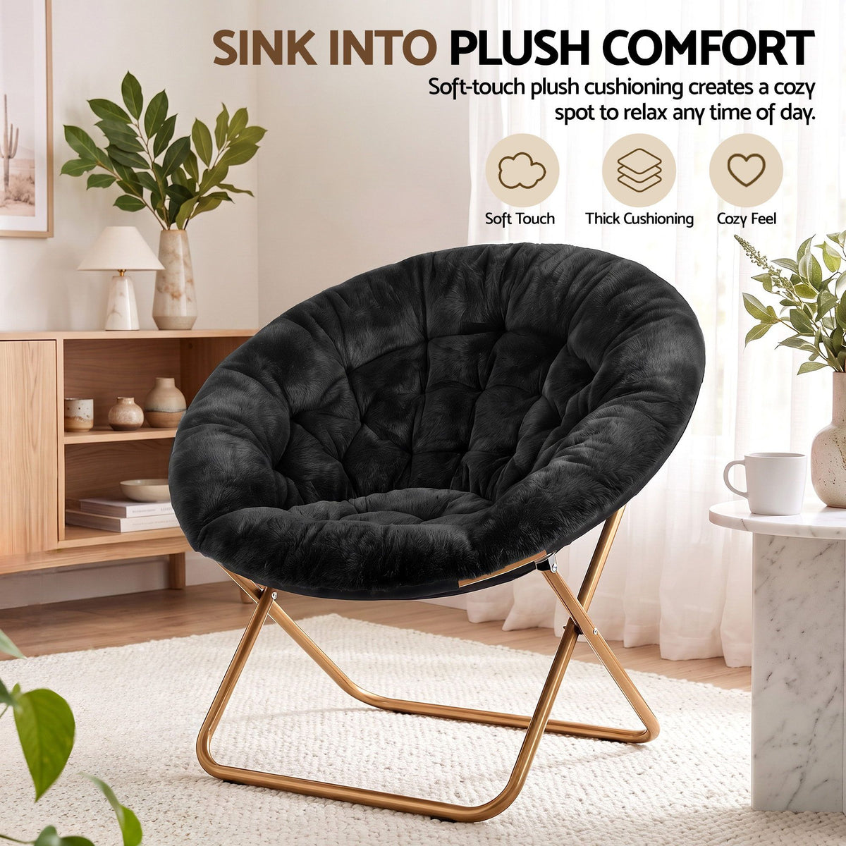 Artiss Cozy Saucer Chair Soft Faux Fur Folding Accent Chair for Bedroom Black