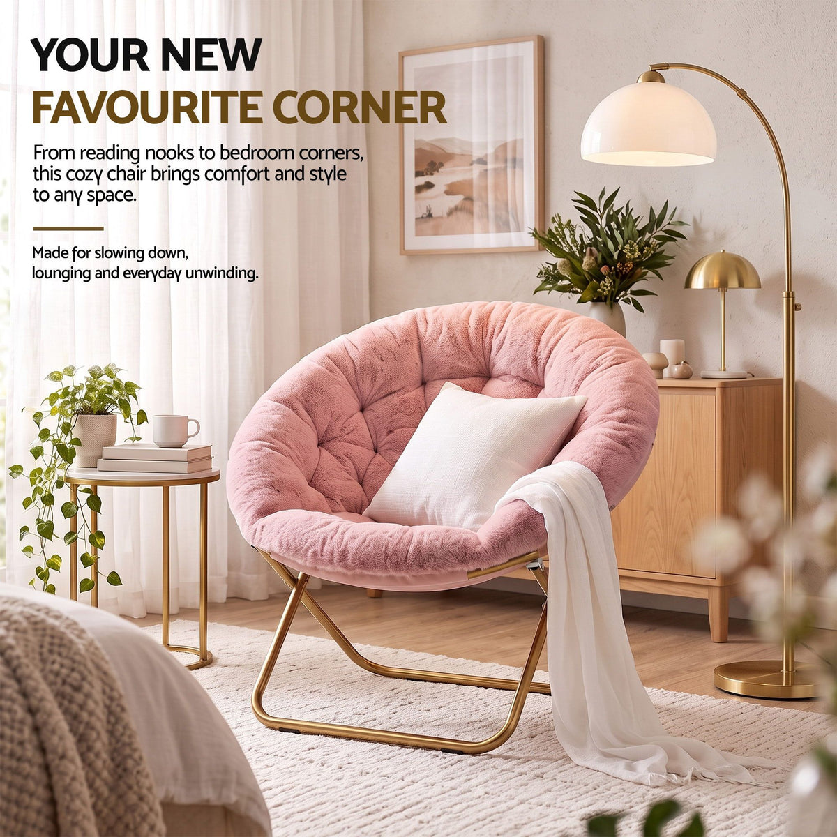 Artiss Cozy Saucer Chair Soft Faux Fur Folding Accent Chair for Bedroom Pink