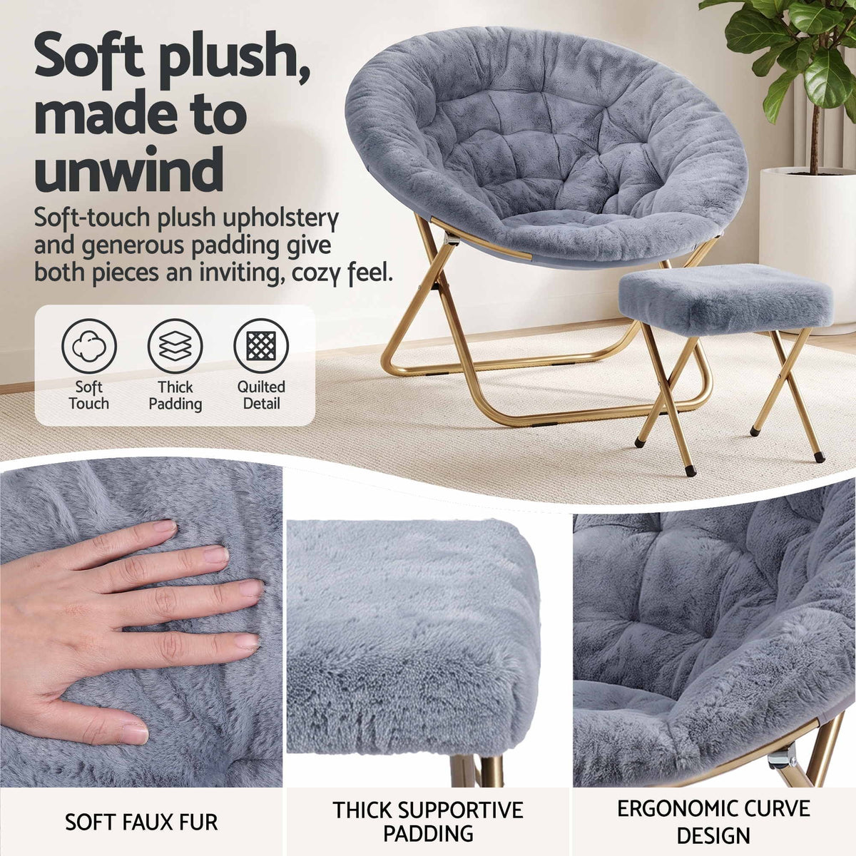 Artiss Comfy Saucer Chair Soft Faux Fur Foldable Accent Chair with Ottoman Grey