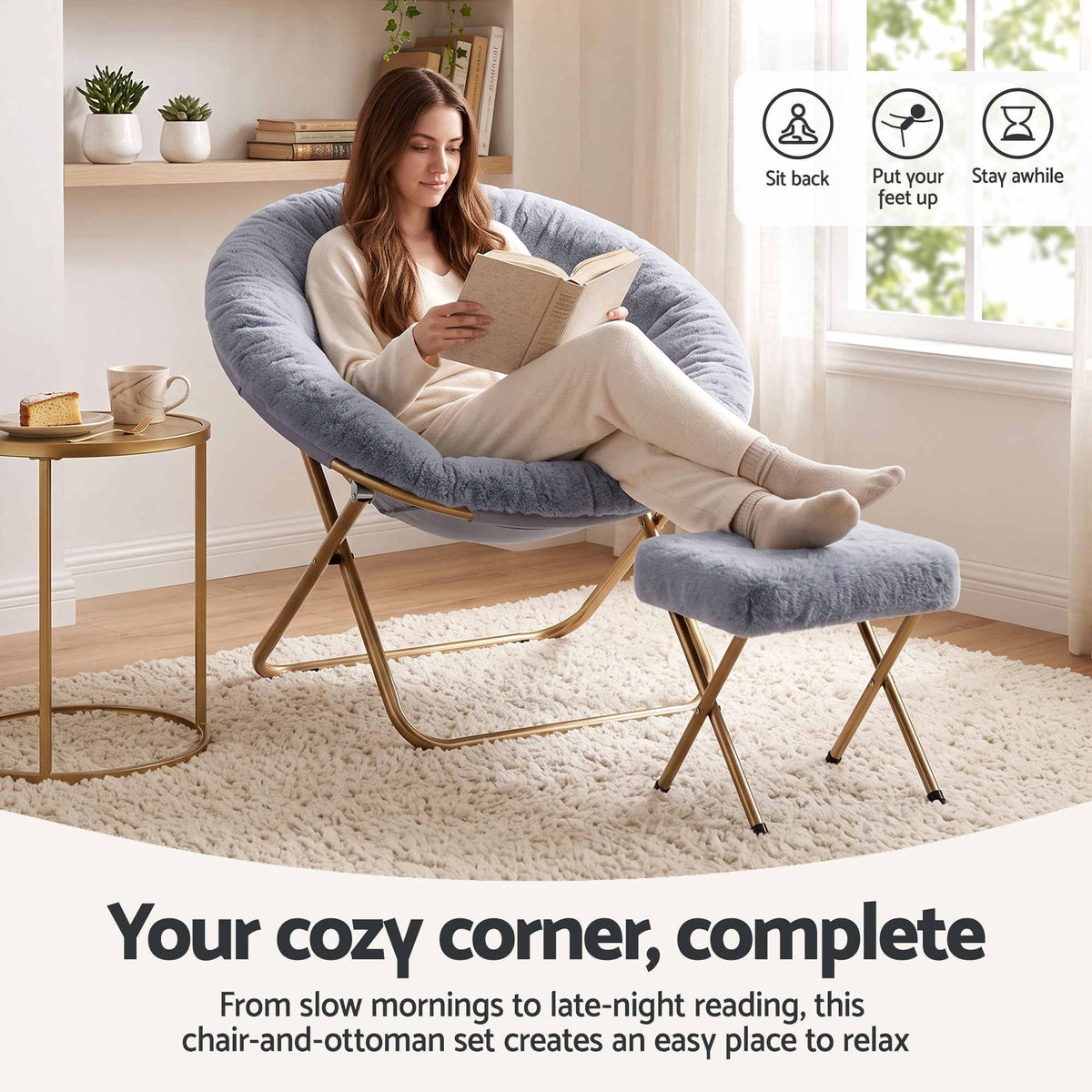 Artiss Comfy Saucer Chair Soft Faux Fur Foldable Accent Chair with Ottoman Grey
