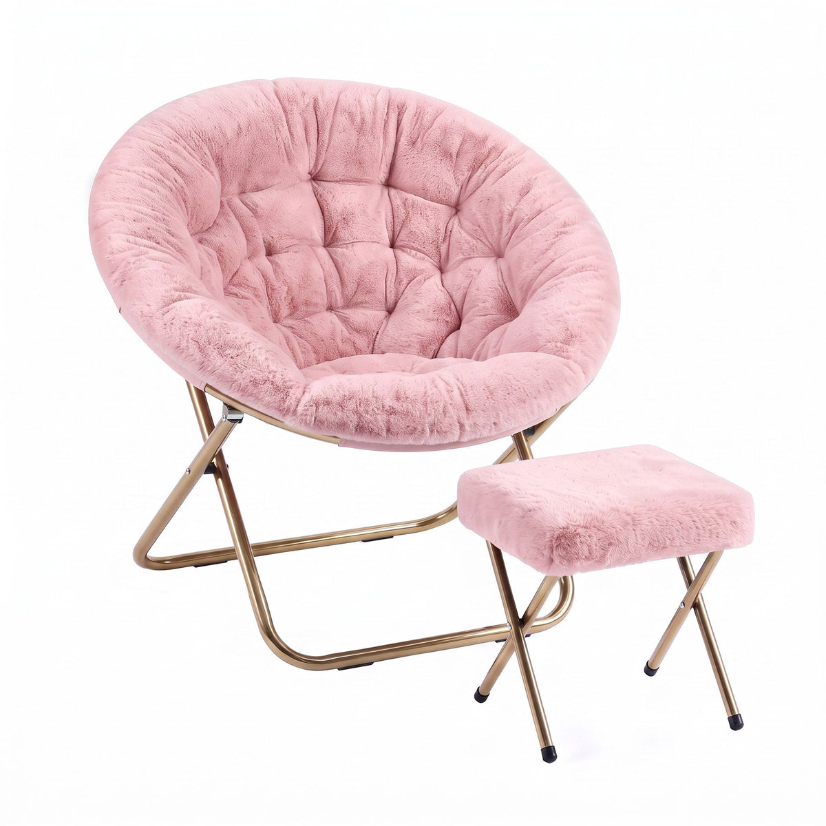 Artiss Comfy Saucer Chair Soft Faux Fur Foldable Accent Chair with Ottoman Pink
