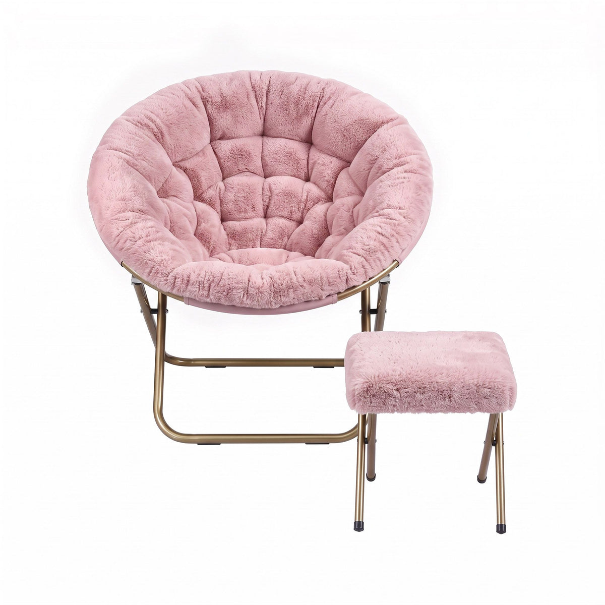Artiss Comfy Saucer Chair Soft Faux Fur Foldable Accent Chair with Ottoman Pink
