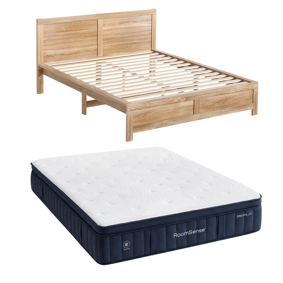 RoomSense Queen 34cm Medium Cooling Gel Mattress Bundle, Oatmeal Bed Frame