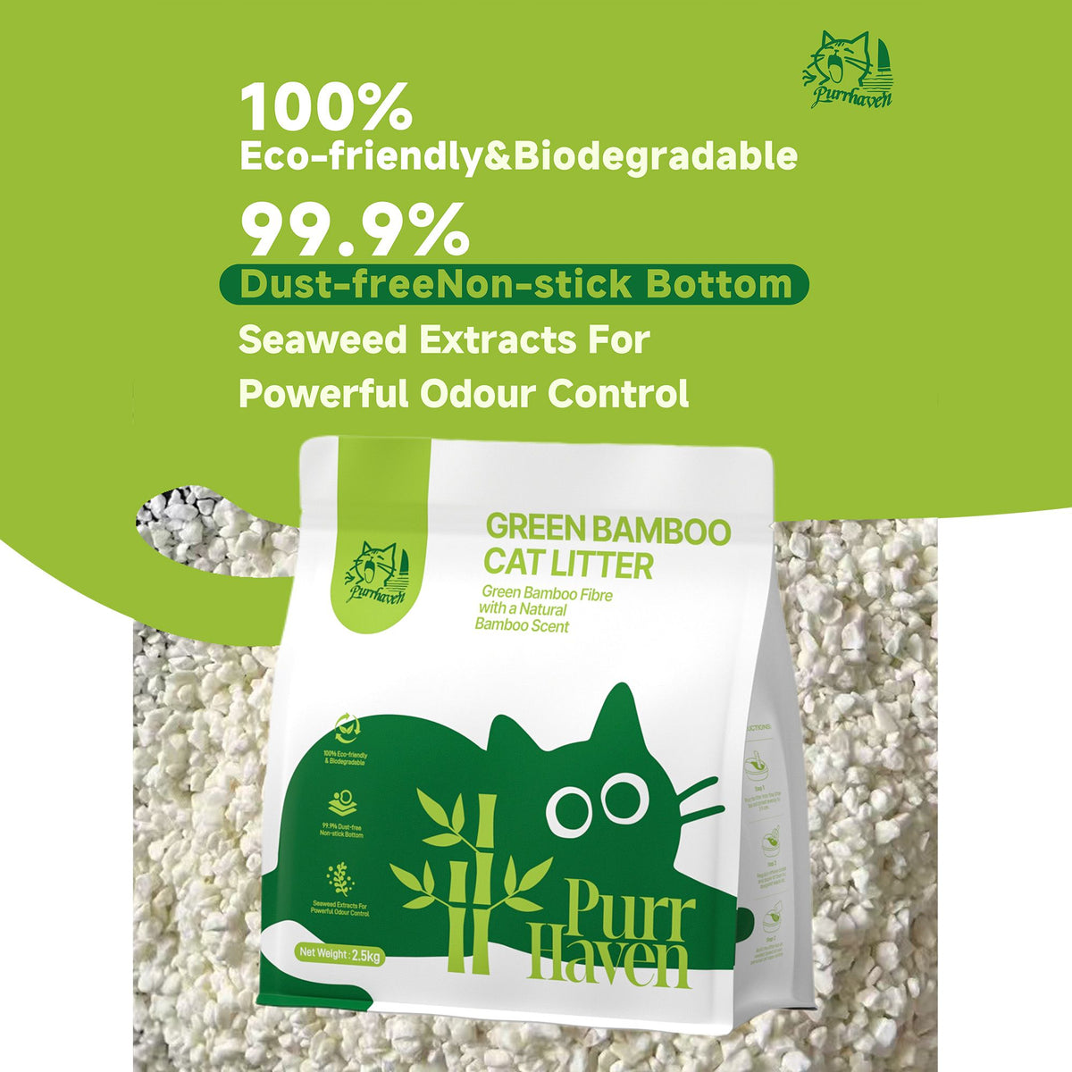 PurrHaven Bamboo Clumping Cat & Kitty Litter, 7.5kg (3 Pack),Dust Free,Natural Flusable,Easy to Clean,Odour Neutraliser,Rapid Liquid Absorption,Non-Toxic Formula