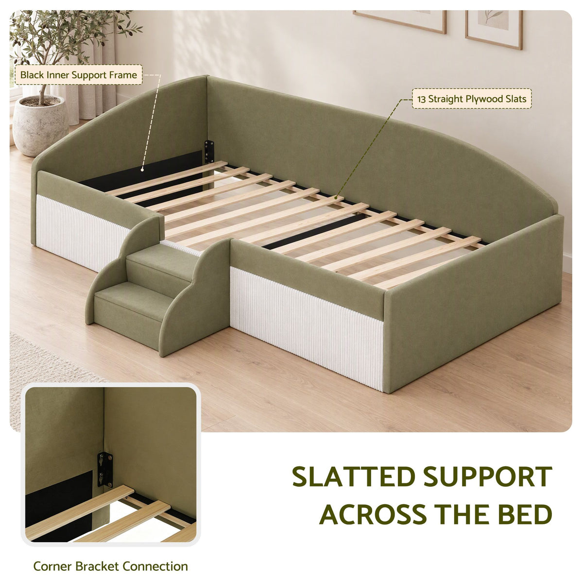 Artiss Single Upholstered Daybed, Centre Stair, Olive Green
