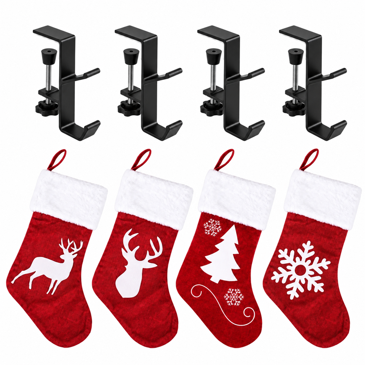 Jingle Jollys Christmas Stocking Set 4 Velvet Stockings 46.5cm & 4 No-Drill Holders