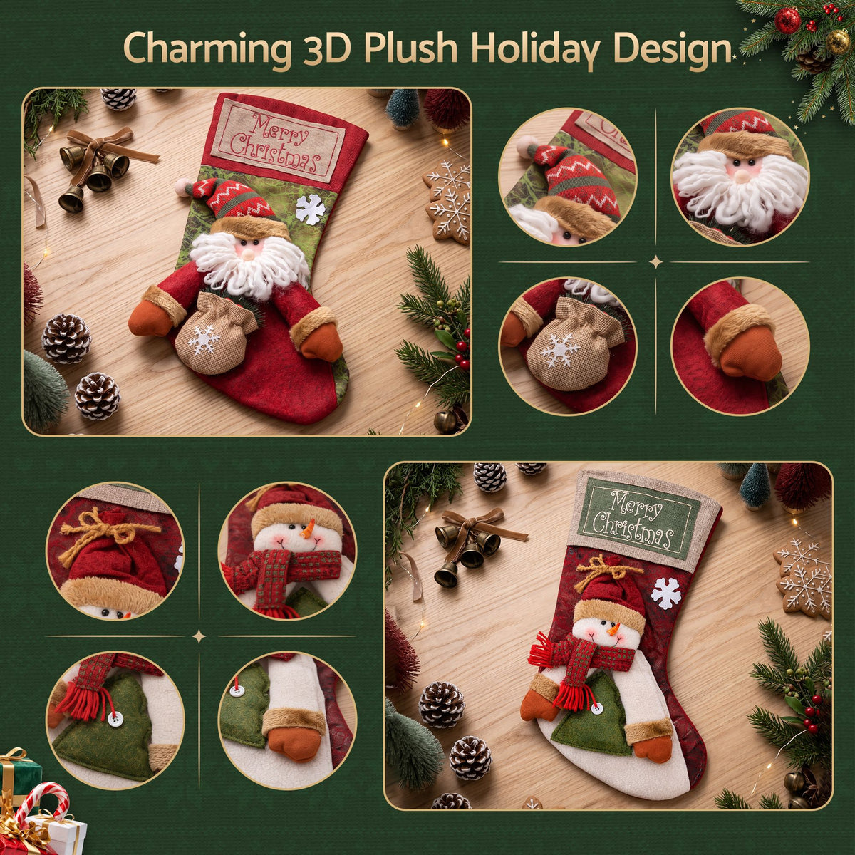 Jingle Jollys 4PCS Christmas Stockings Large 3D Plush Santa Snowman 43.5cm Christmas Decor for Family Holiday Christmas Party Decorations