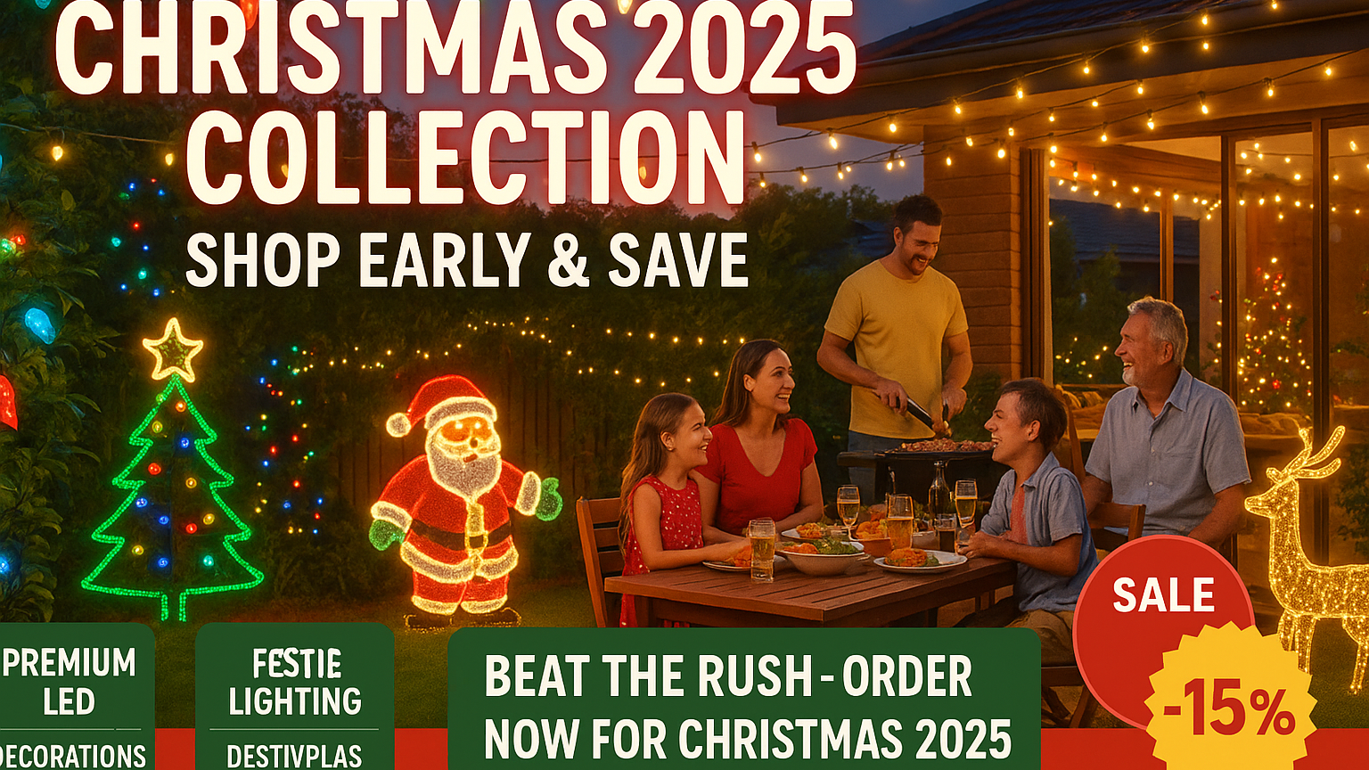 Advertisement for Christmas 2025 collection with family gathering and festive decorations.