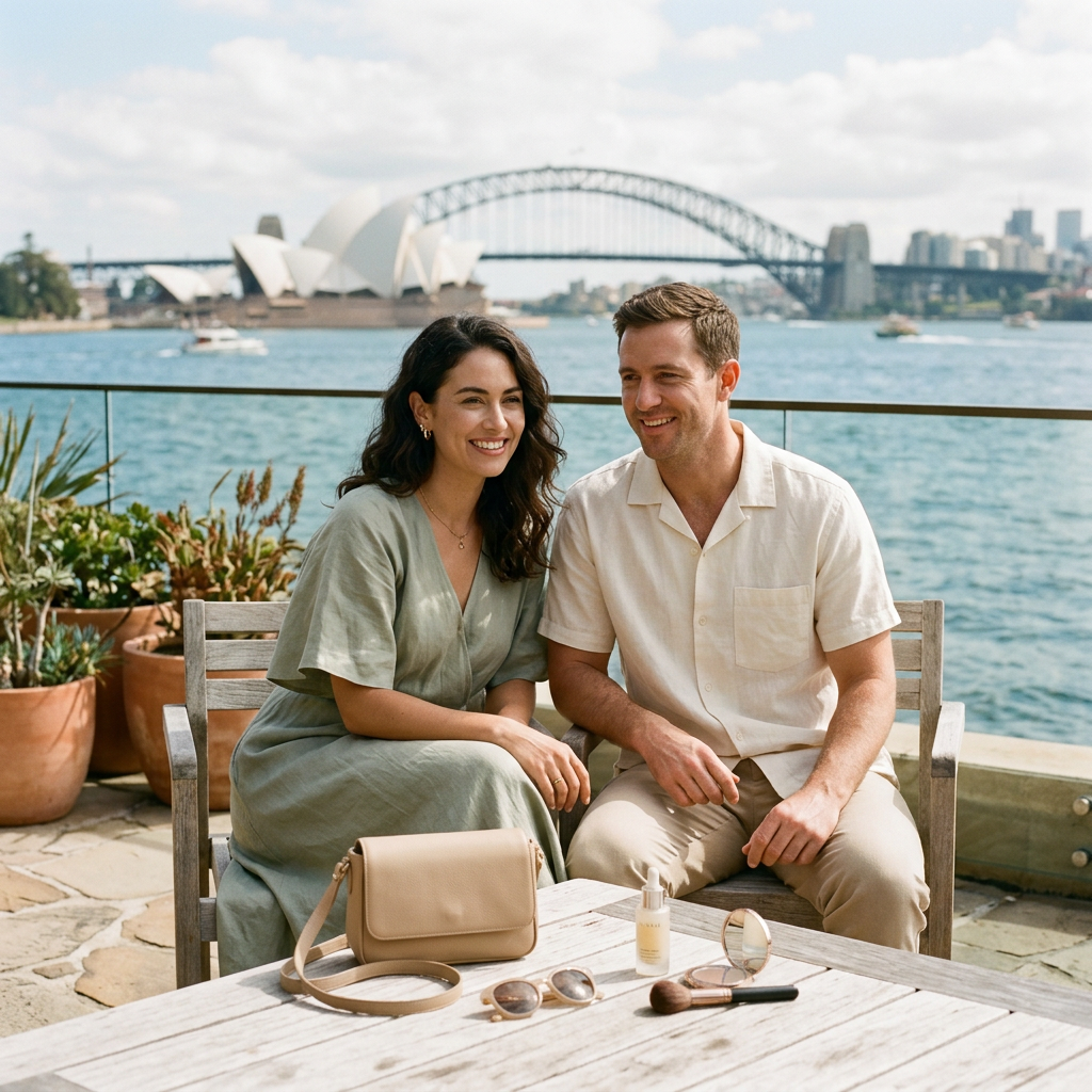 Fashion and Beauty card with models and Sydney Harbour backdrop