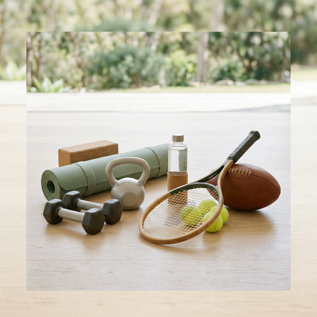 Sports and Fitness card featuring gym yoga and sport equipment