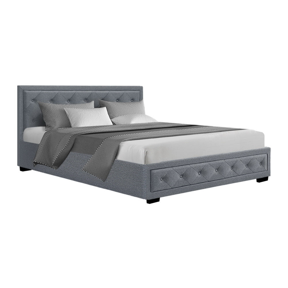 Artiss Tiyo Bed Frame Fabric Gas Lift Storage - Grey Queen