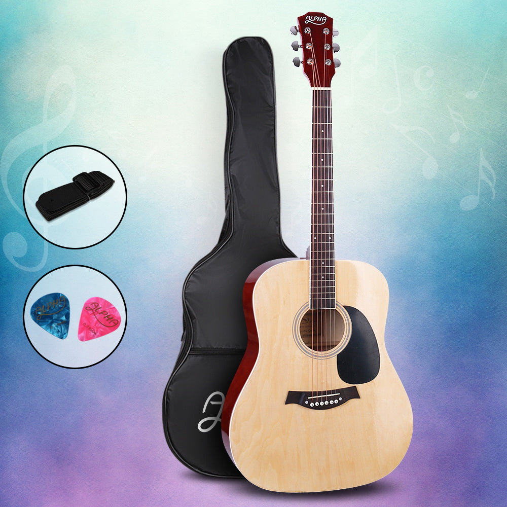 Alpha 41 Inch Acoustic Guitar Wooden Body Steel String Dreadnought Wood