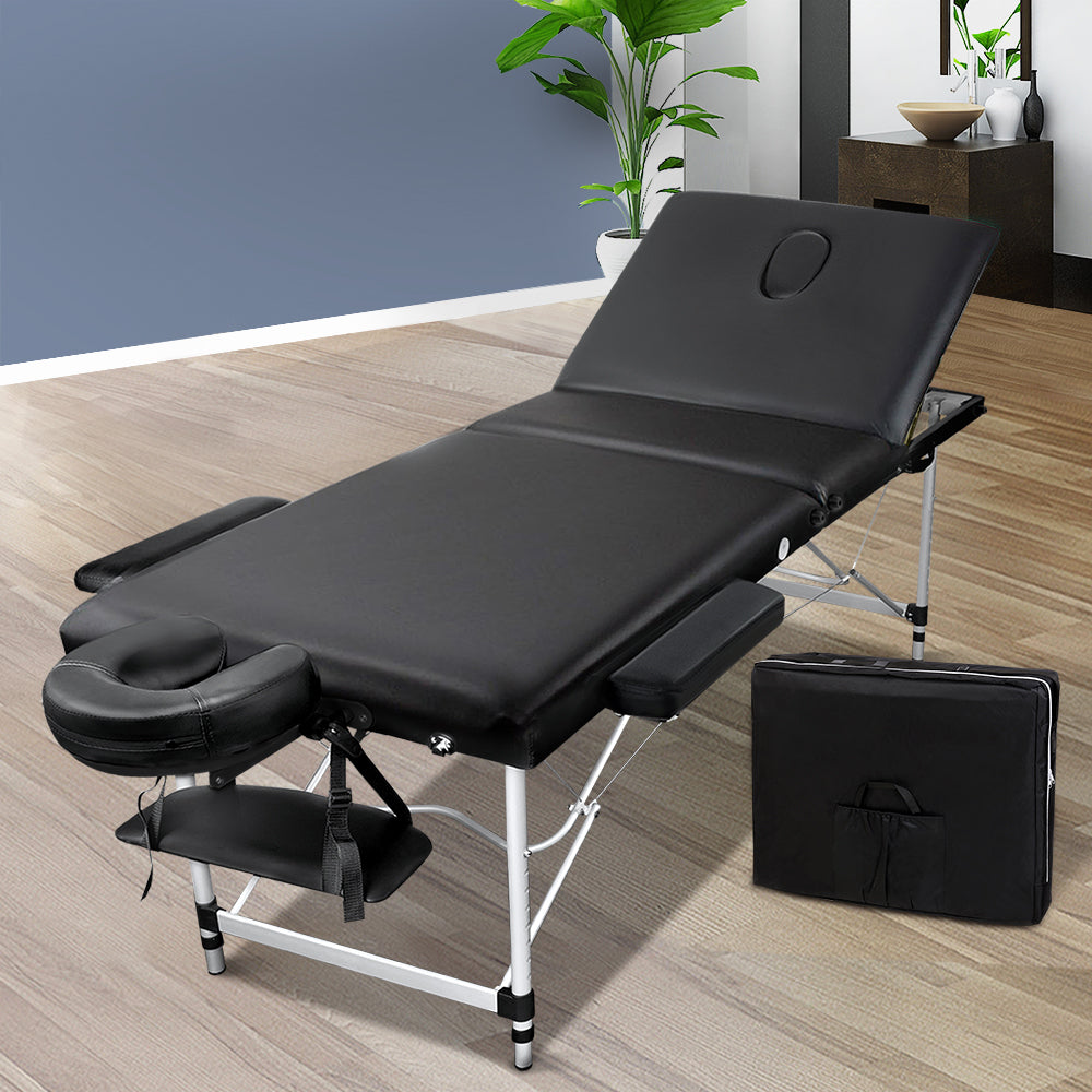 Zenses Massage Table 60cm 3 Fold Aluminium Beauty Bed Portable Therapy Waxing Black