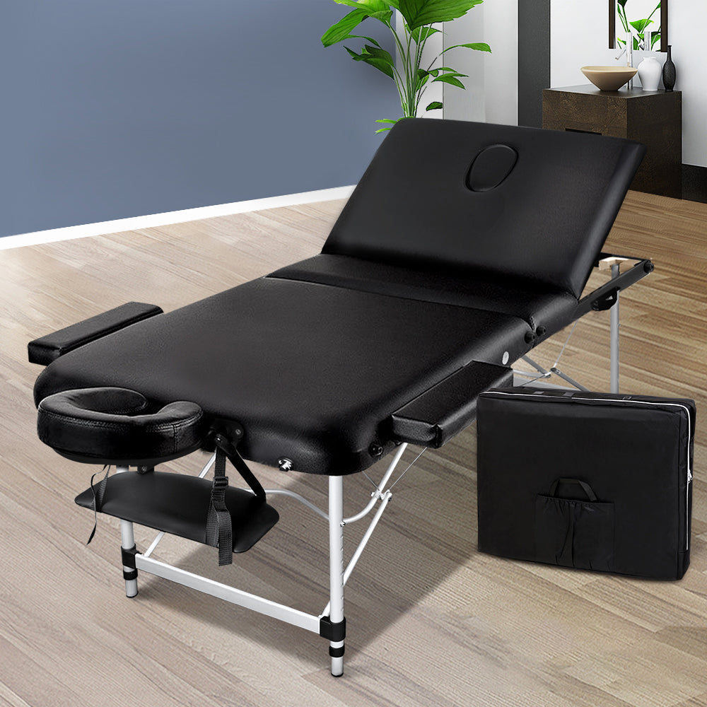 Zenses Massage Table 80cm 3 Fold Aluminium Beauty Bed Portable Therapy Black