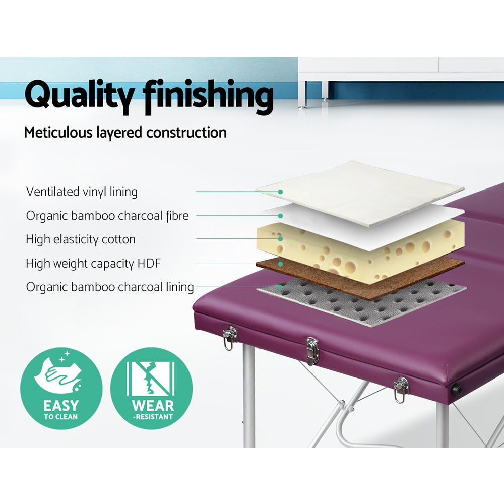 Zenses Massage Table 75cm 3 Fold Aluminium Beauty Bed Portable Therapy Violet