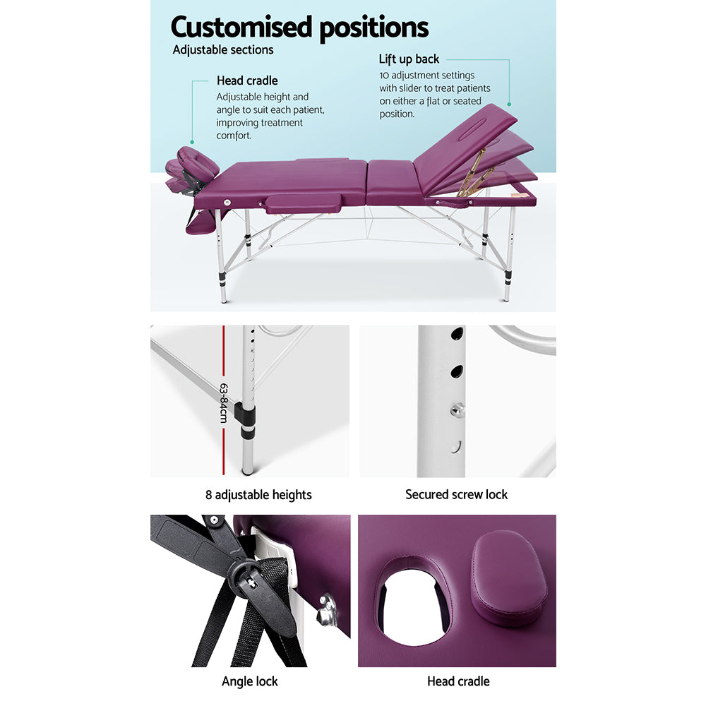 Zenses Massage Table 75cm 3 Fold Aluminium Beauty Bed Portable Therapy Violet