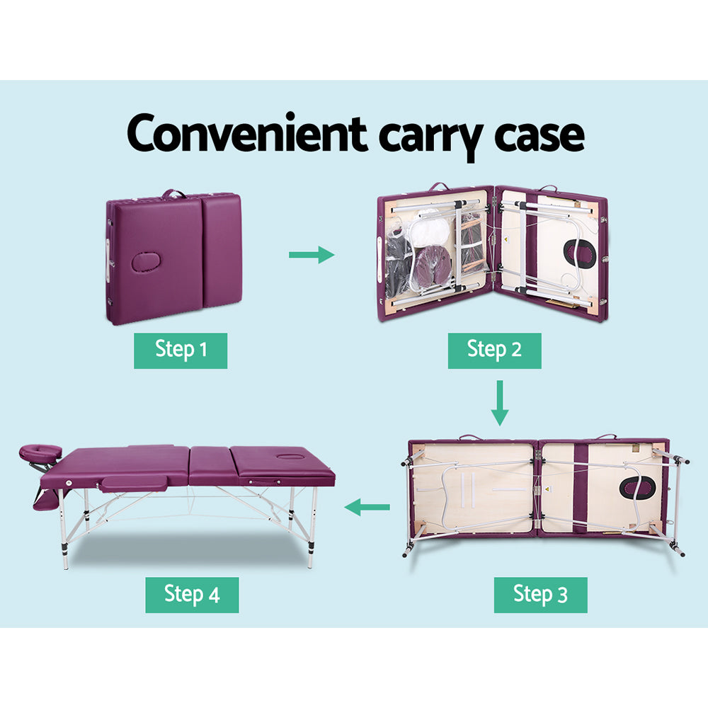 Zenses Massage Table 75cm 3 Fold Aluminium Beauty Bed Portable Therapy Violet