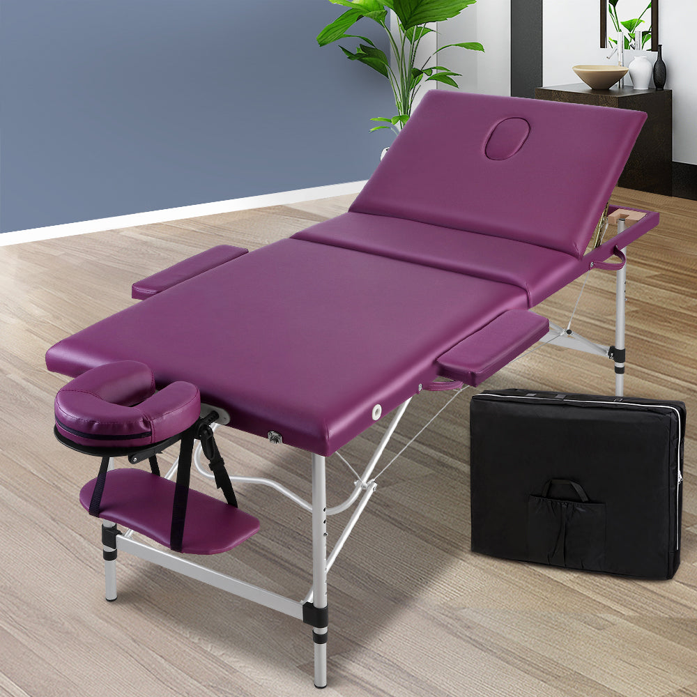 Zenses Massage Table 75cm 3 Fold Aluminium Beauty Bed Portable Therapy Violet
