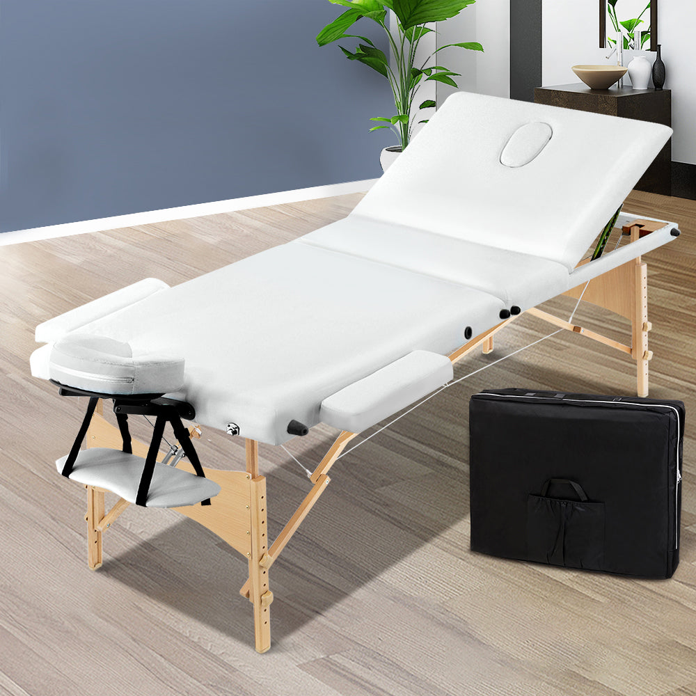 Zenses Massage Table 70cm 3 Fold Wooden Portable Beauty Therapy Bed Waxing White