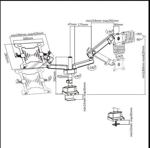 Brateck Aluminum Pole Mount Mechanical Spring Monitor with Laptop holder Fit Most 17"-32" Monitors Up to 8kg . Laptop Up to 4.5kg