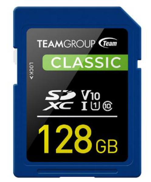 Team Classic SD Memory Card - 128 GB  UHS (Ultra) Speed Class 1(U1). Supports Video Speed Class 10(V10).