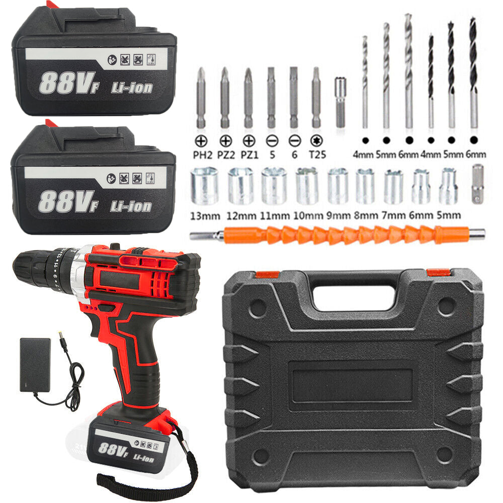 Cordless Drill w/2 Battery Heavy Duty Impact Driver Kit Brushless Hammer Set
