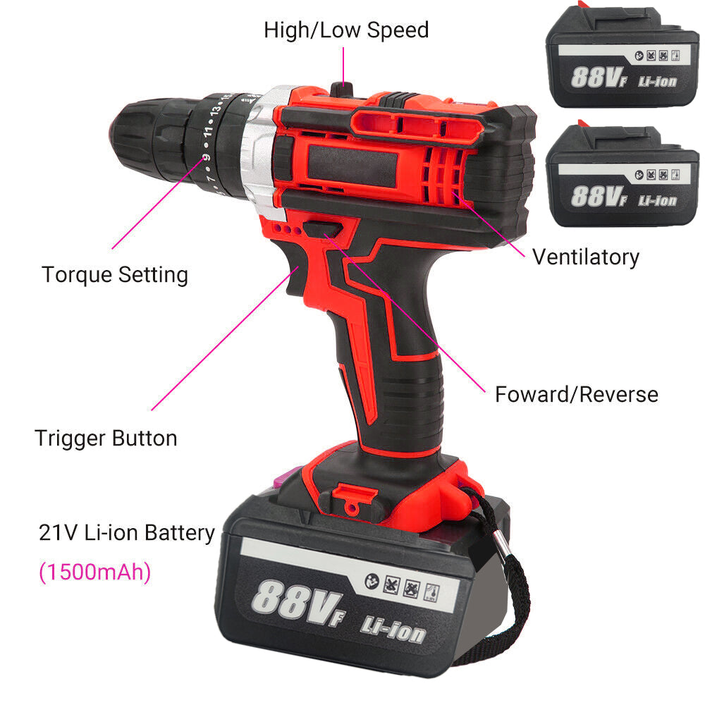 Cordless Drill w/2 Battery Heavy Duty Impact Driver Kit Brushless Hammer Set 88V