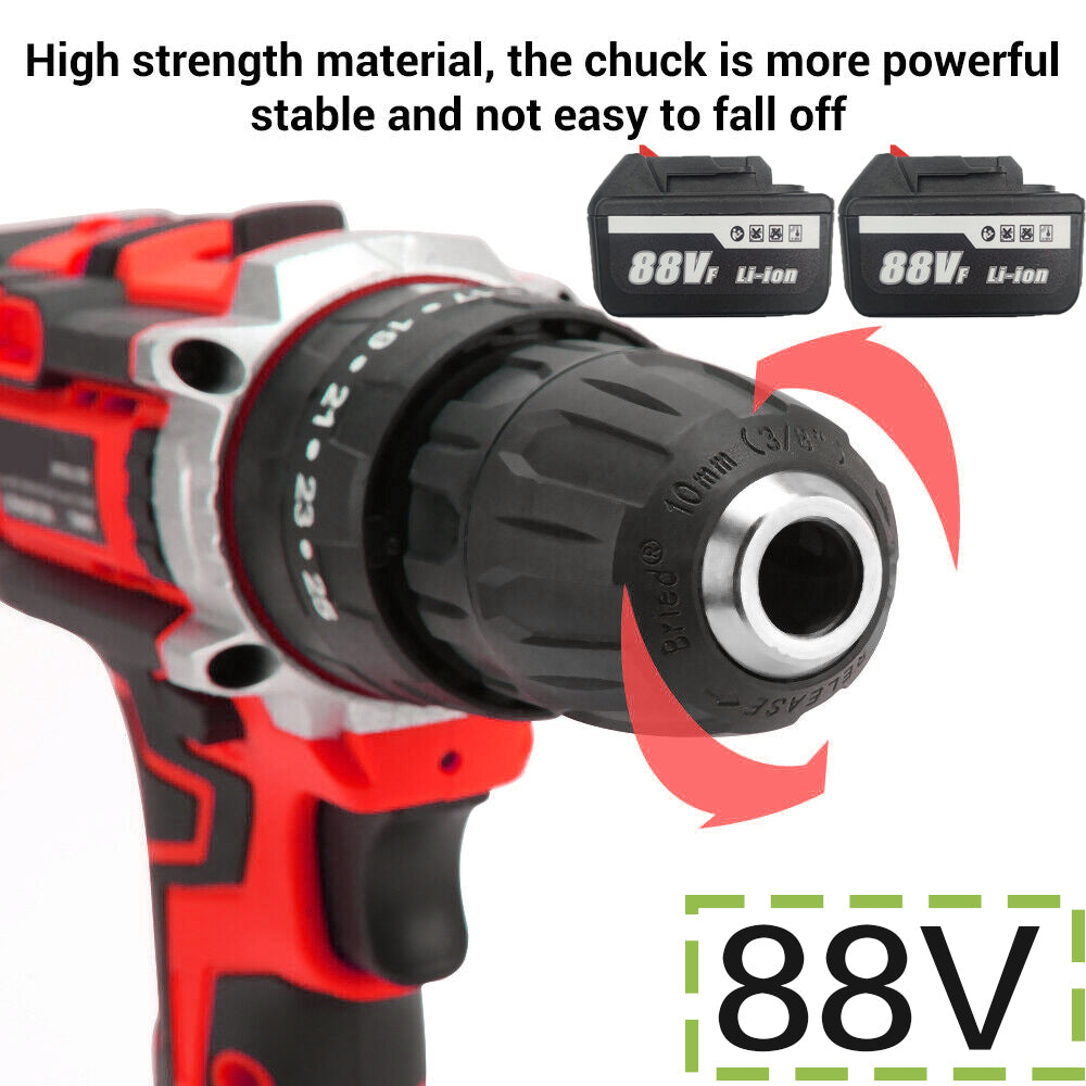 Cordless Drill w/2 Battery Heavy Duty Impact Driver Kit Brushless Hammer Set