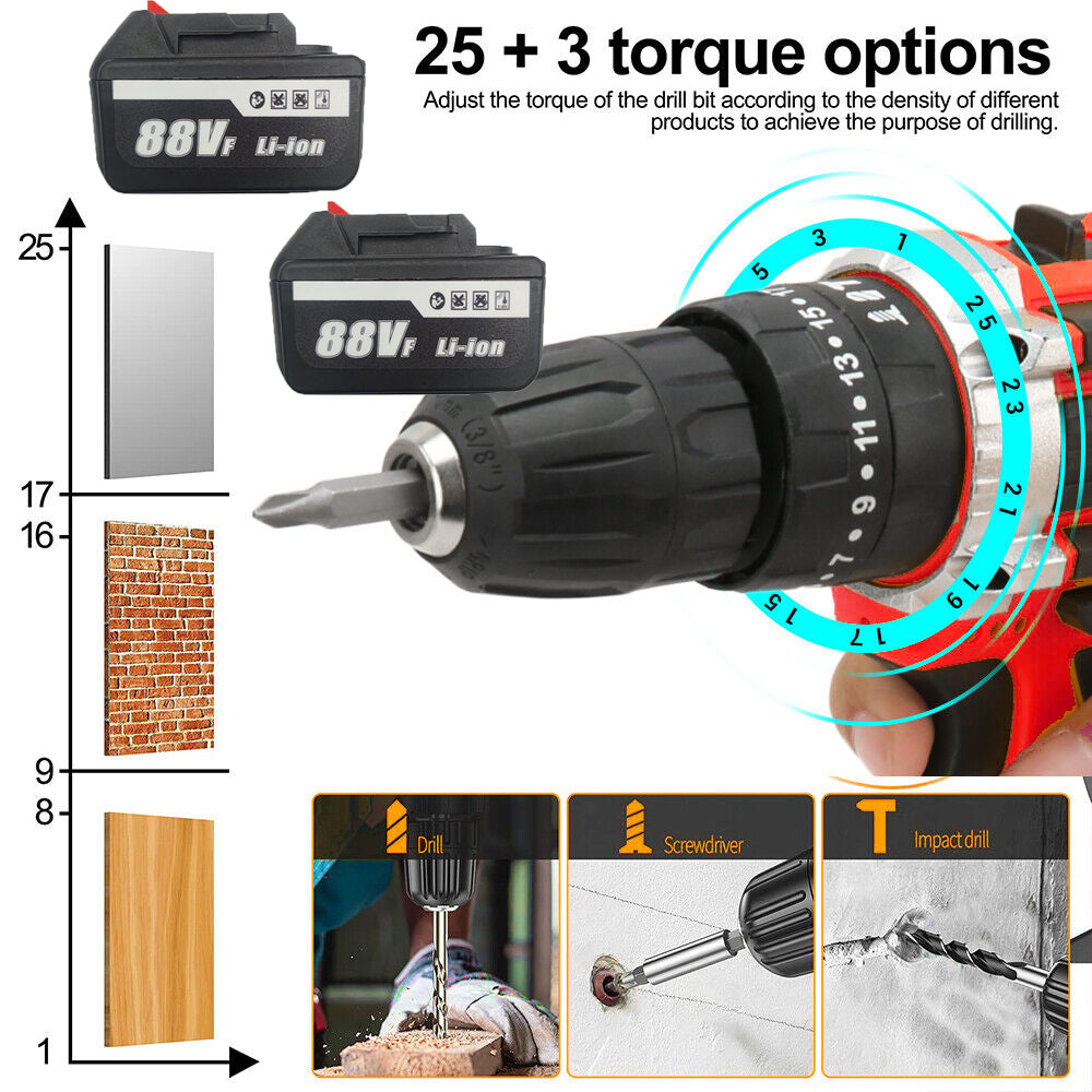 Cordless Drill w/2 Battery Heavy Duty Impact Driver Kit Brushless Hammer Set