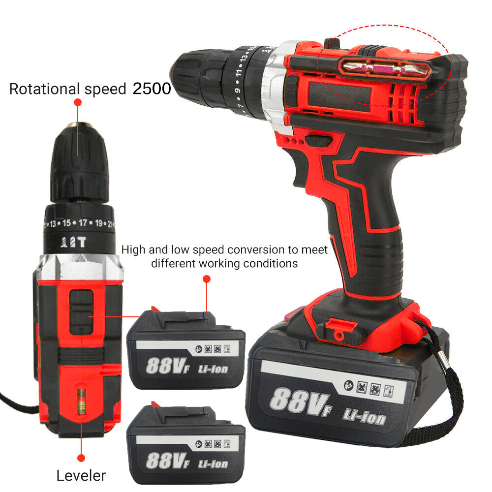Cordless Drill w/2 Battery Heavy Duty Impact Driver Kit Brushless Hammer Set