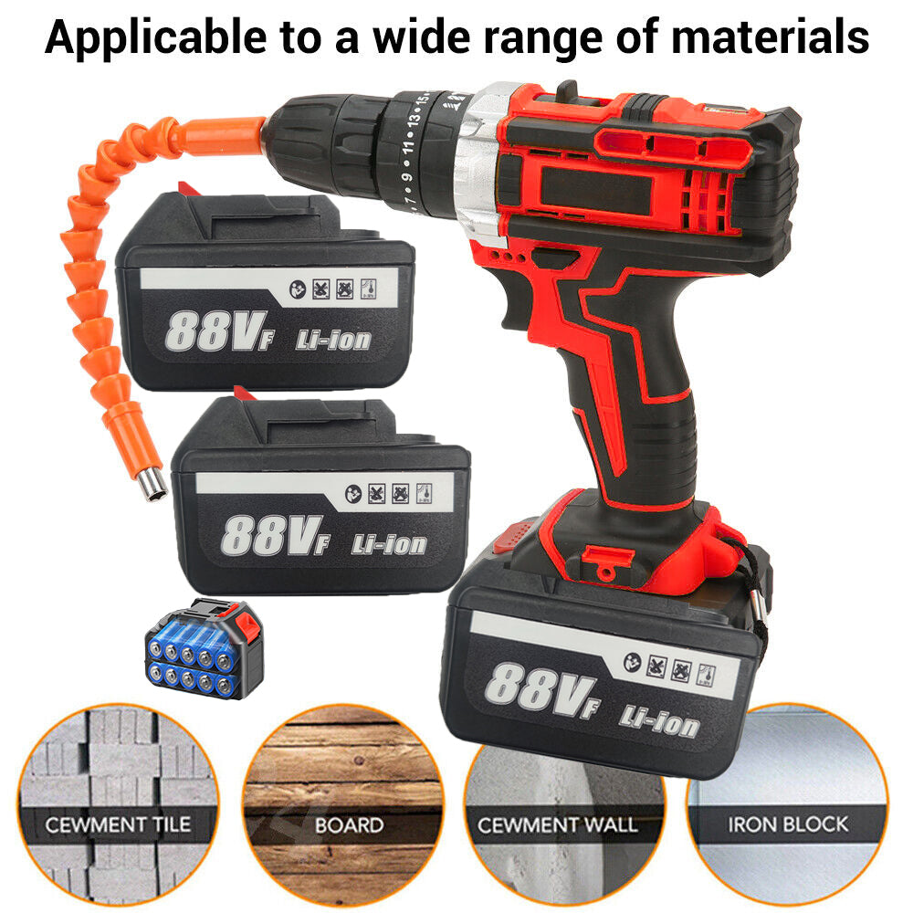 Cordless Drill w/2 Battery Heavy Duty Impact Driver Kit Brushless Hammer Set 88V