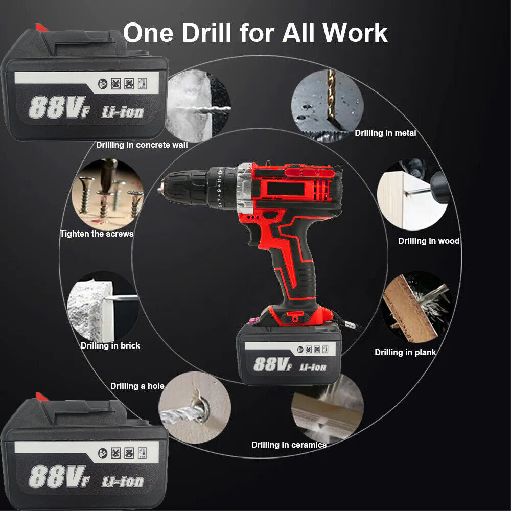 Cordless Drill w/2 Battery Heavy Duty Impact Driver Kit Brushless Hammer Set