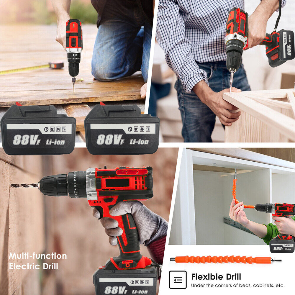 Cordless Drill w/2 Battery Heavy Duty Impact Driver Kit Brushless Hammer Set