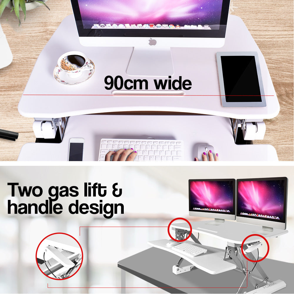 Fortia Desk Riser 90cm Wide Adjustable Sit to Stand for Dual Monitor, Keyboard, Laptop, White