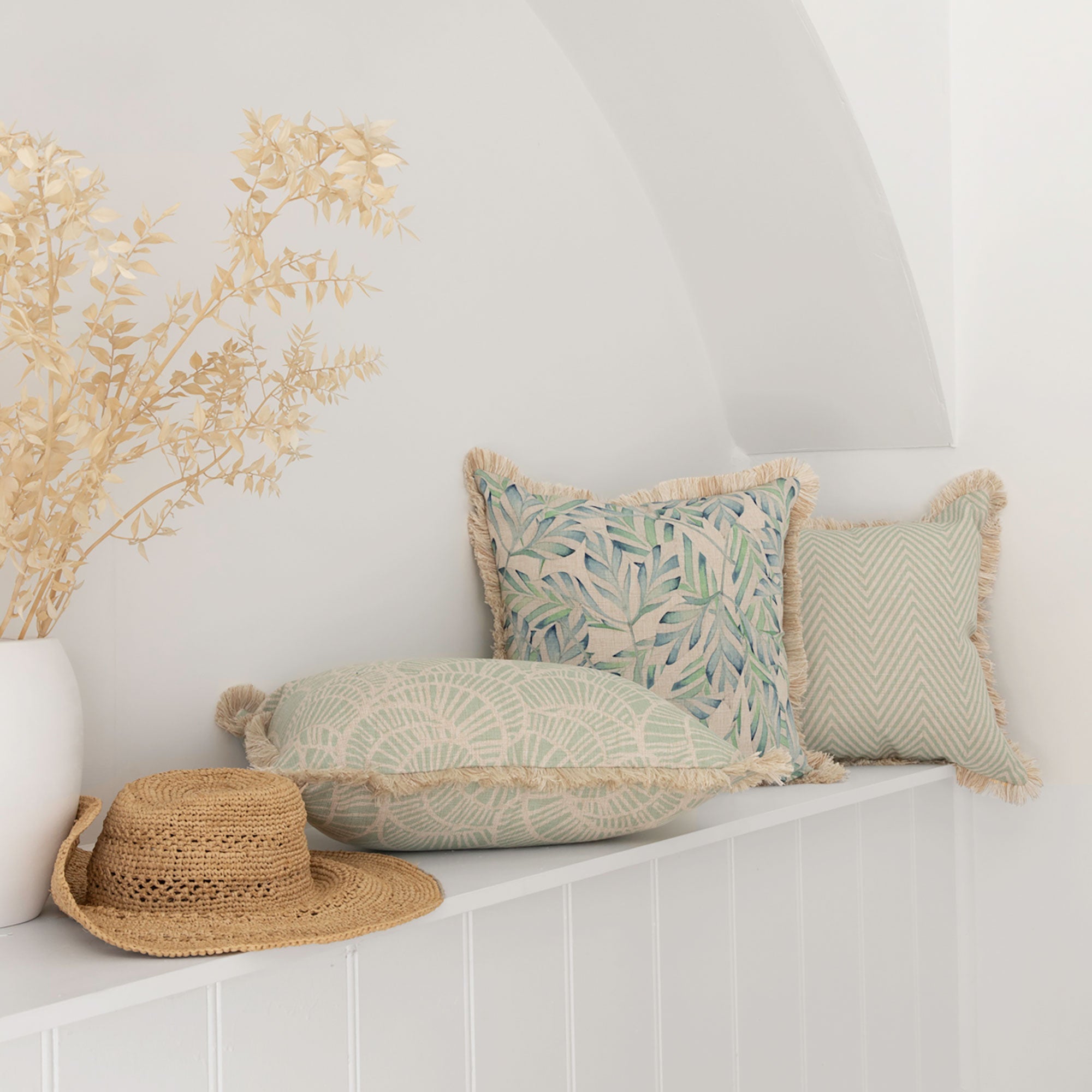Cushion Cover-Coastal Fringe Natural-Positano Pale Mint-35cm x 50cm